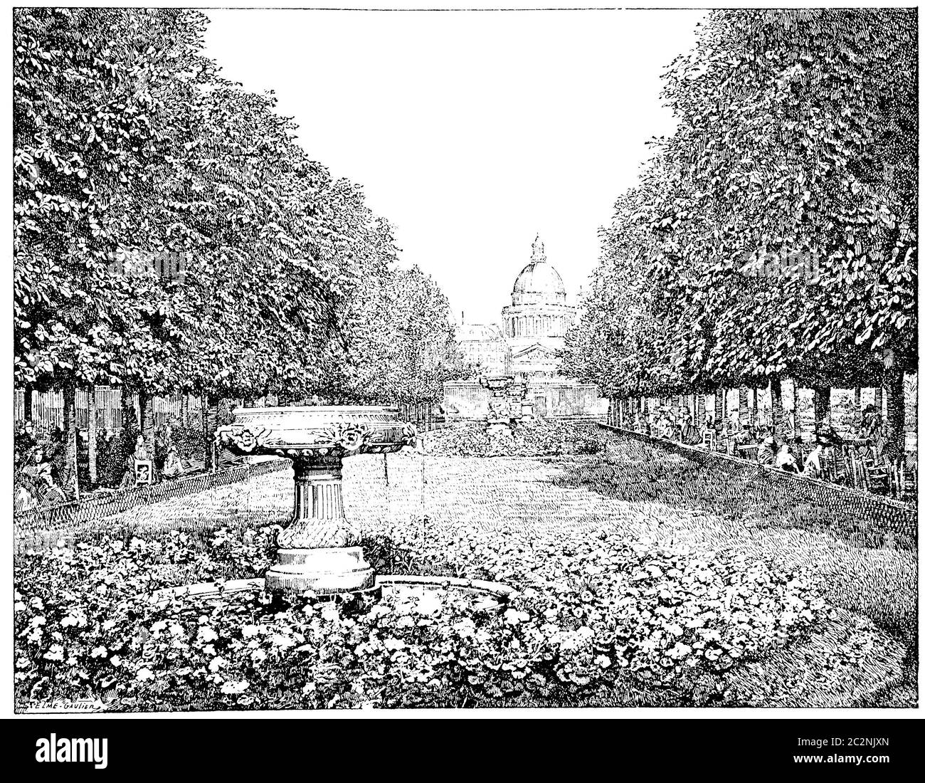 Le Panthéon vu des jardins du Luxembourg, illustration gravée d'époque. Paris - Auguste VITU – 1890. Banque D'Images