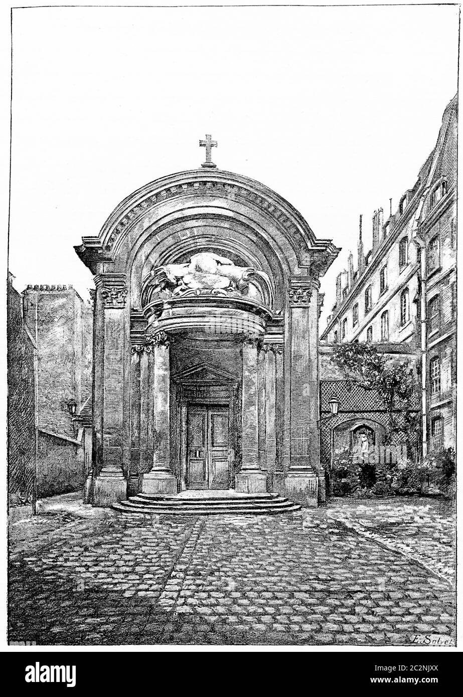 Chapelle de l'ancien Collège des Lombards, rue des Carmélites, illustration gravée d'époque. Paris - Auguste VITU – 1890. Banque D'Images