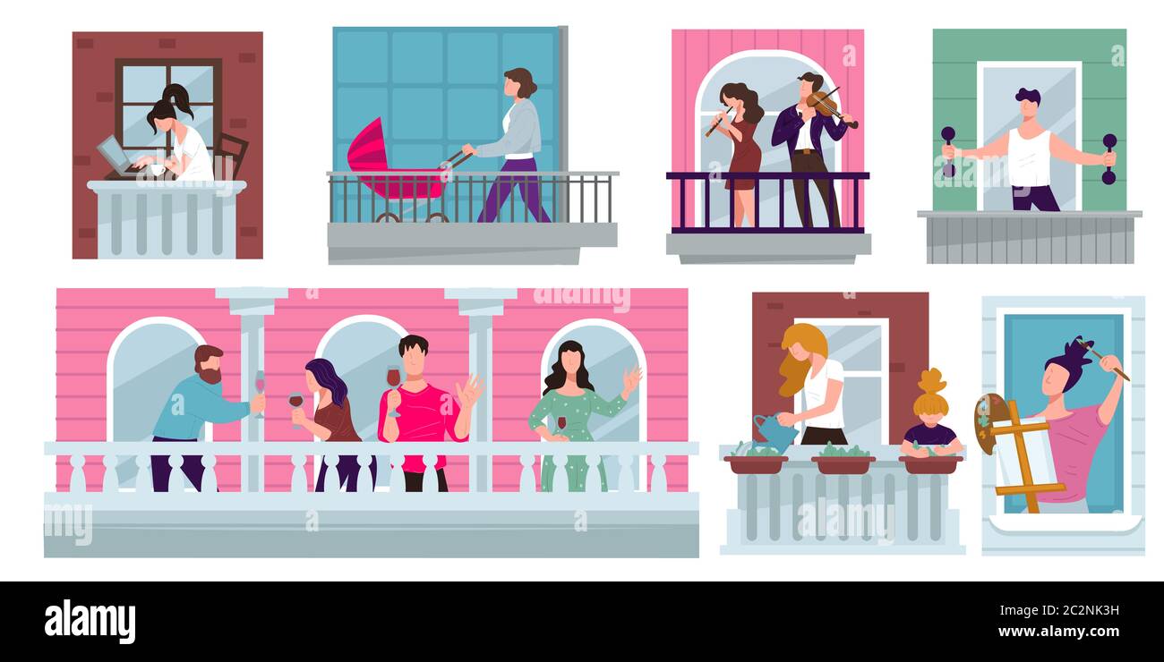 Les gens passent du temps sur les balcons, des activités de quarantaine à l'extérieur Illustration de Vecteur