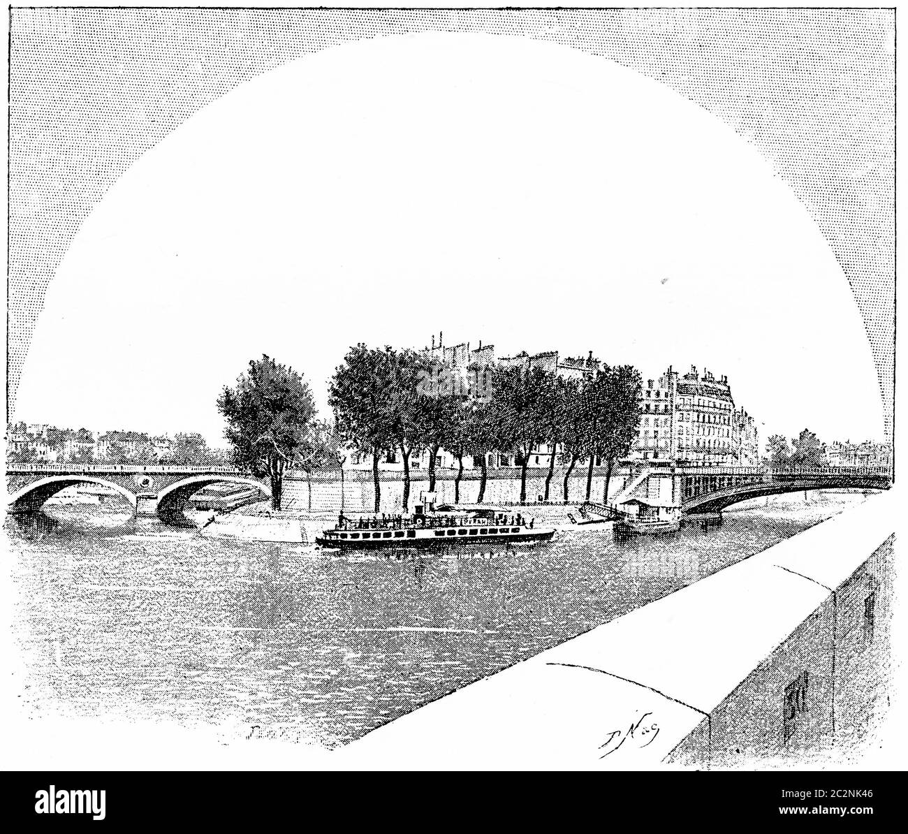 Ile Saint-Louis, illustration gravée d'époque. Paris - Auguste VITU – 1890. Banque D'Images