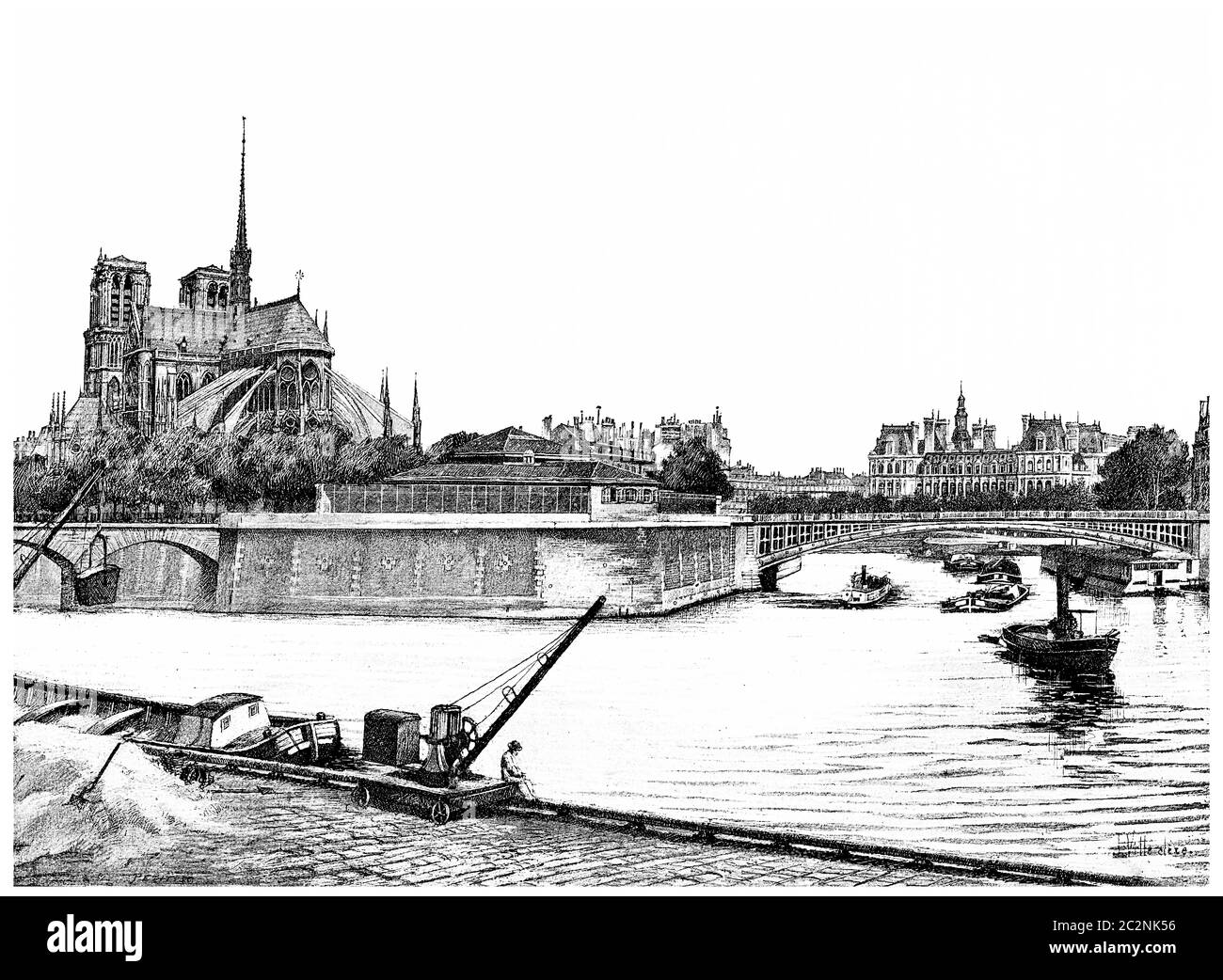 Pointe est de l'île de la ville, illustration gravée d'époque. Paris - Auguste VITU – 1890. Banque D'Images
