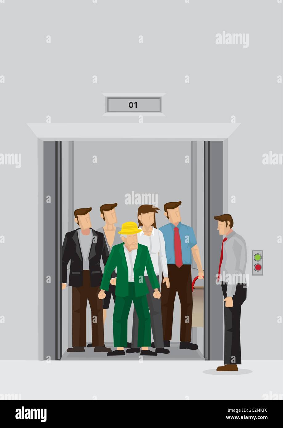 Homme d'affaires debout à côté de l'ascenseur plein de personnes à l'intérieur. Illustration vectorielle de la foule quotidienne du matin à l'heure de pointe dans l'ascenseur du hall isol Illustration de Vecteur