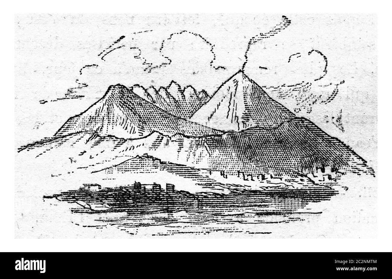 Vésuve actuel, illustration gravée d'époque. De la création naturelle et des êtres vivants. Banque D'Images