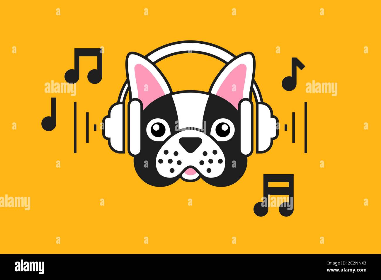 Boudogue française avec casque sur fond jaune safran tendance. Conception pour carte de vœux, autocollant, affiche, couverture de podcast et t-shirts Illustration de Vecteur