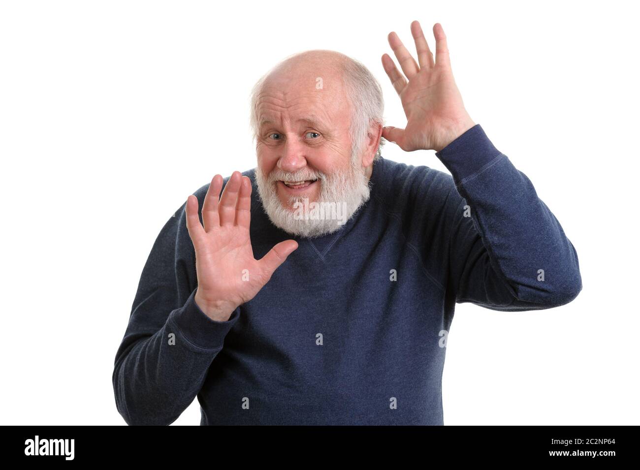 Vieil homme montre ses paumes vides isolated on white Banque D'Images
