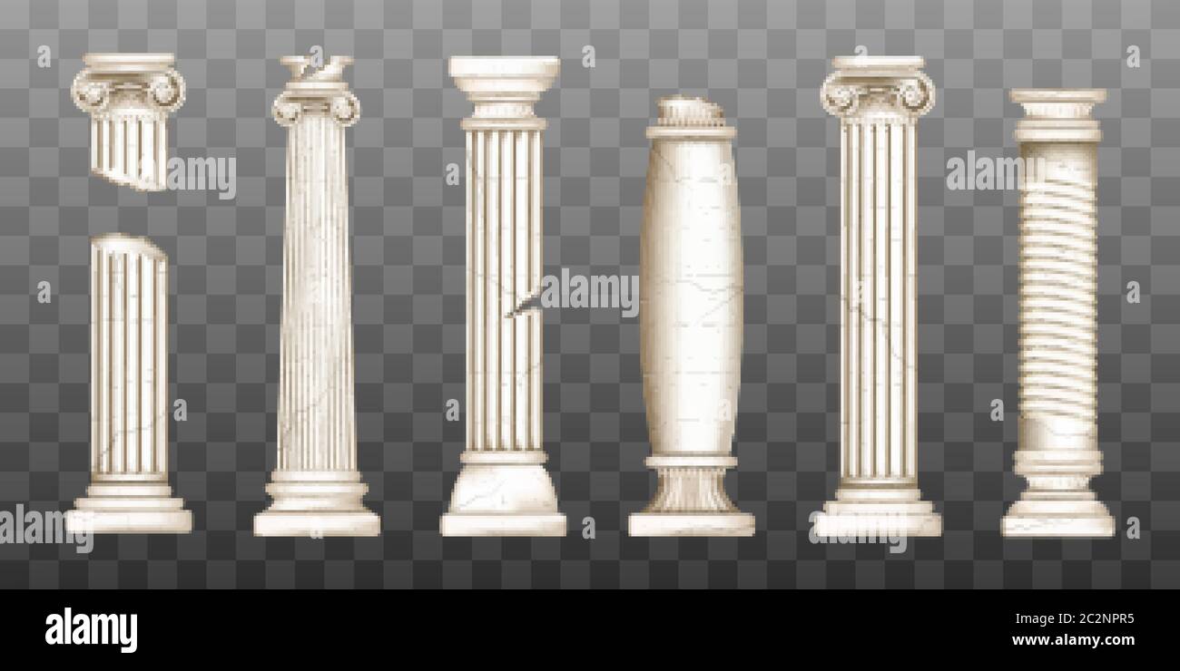 Colonnes romaines anciennes, architecture baroque en marbre. Vecteur réaliste vieux brisés piliers grecs anciens avec des capitales dans le style doric, corinthien, ionique et toscan isolé sur fond transparent Illustration de Vecteur