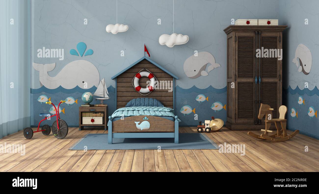 Chambre d'enfant style rétro dans un style marin avec un lit simple et les  jouets - le rendu 3D Photo Stock - Alamy