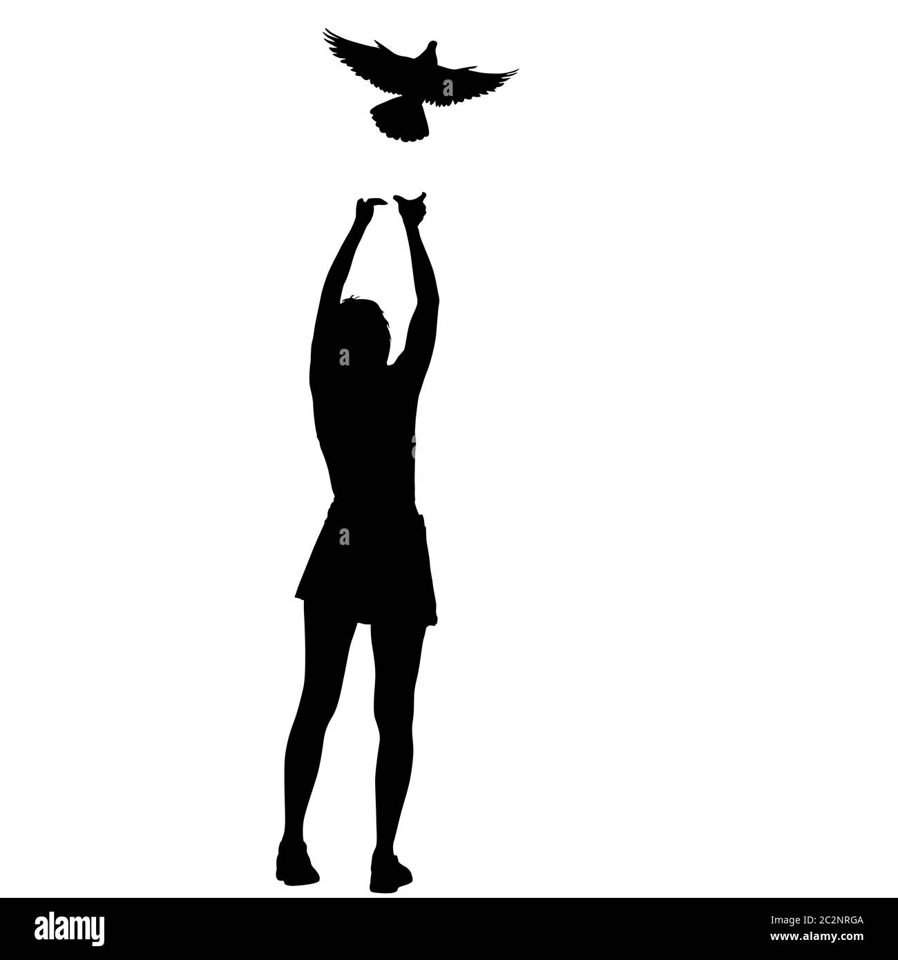 Silhouette girl libère des colombes dans le ciel Banque D'Images