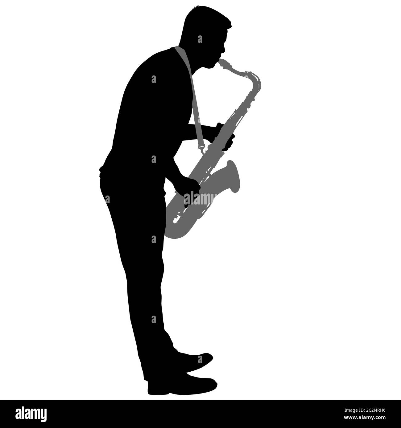 Silhouette de musicien jouant le saxophone sur fond blanc Banque D'Images