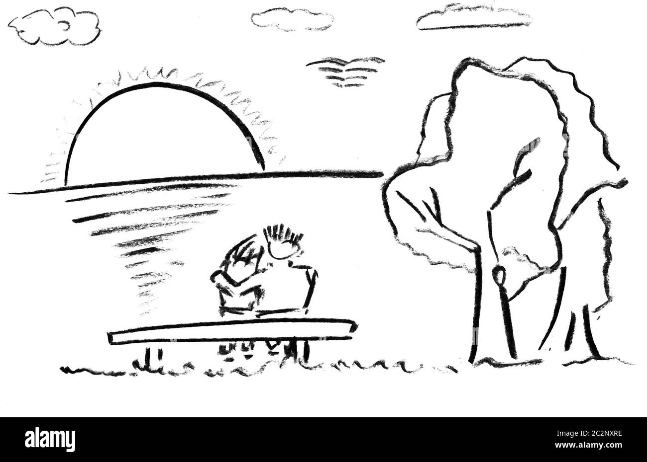 Croquis au crayon d'aimer couple looking at sunset Banque D'Images