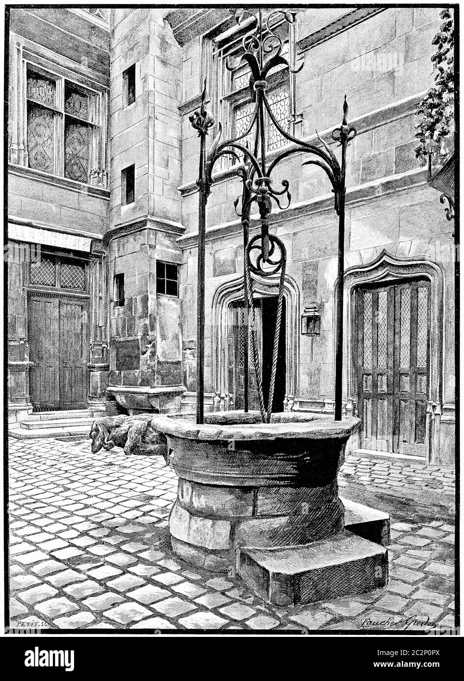 Le vieux puits de l'entrée de la cour, illustration gravée d'époque. Paris - Auguste VITU – 1890. Banque D'Images