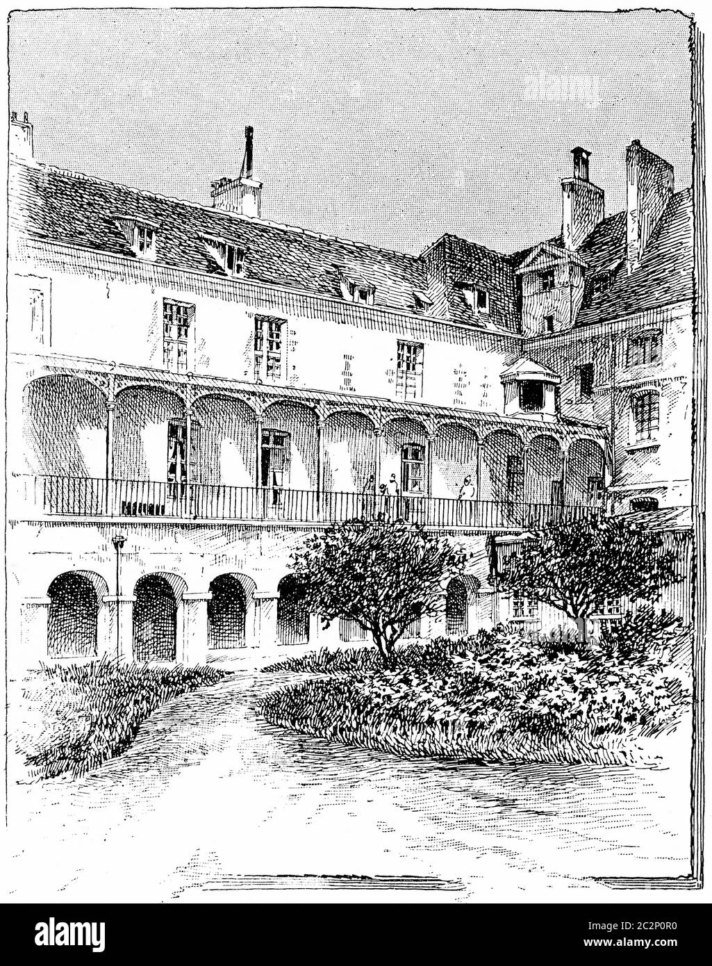 Hospice de maternité (ancien cloître de l'Abbaye), illustration gravée d'époque. Paris - Auguste VITU – 1890. Banque D'Images