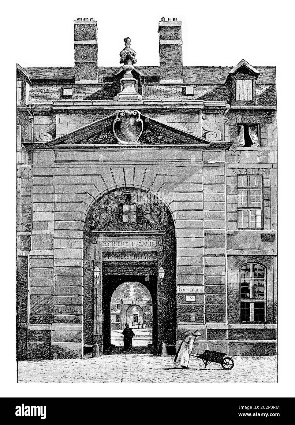 Entrée à la cour de la Bibliothèque Mazarine au Palais de l'Institut de France à Paris, France. Gravure vintage. Banque D'Images