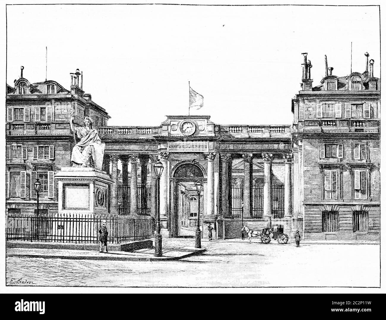 Le Palais de la Chambre des députés, salle de façade du Palais Bourbon, illustration gravée d'époque. Paris - Auguste VITU – 1890. Banque D'Images