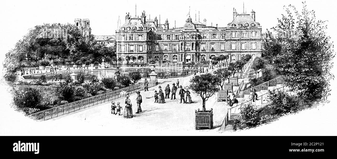 La grande façade du jardin du Palais, illustration gravée d'époque. Paris - Auguste VITU – 1890. Banque D'Images