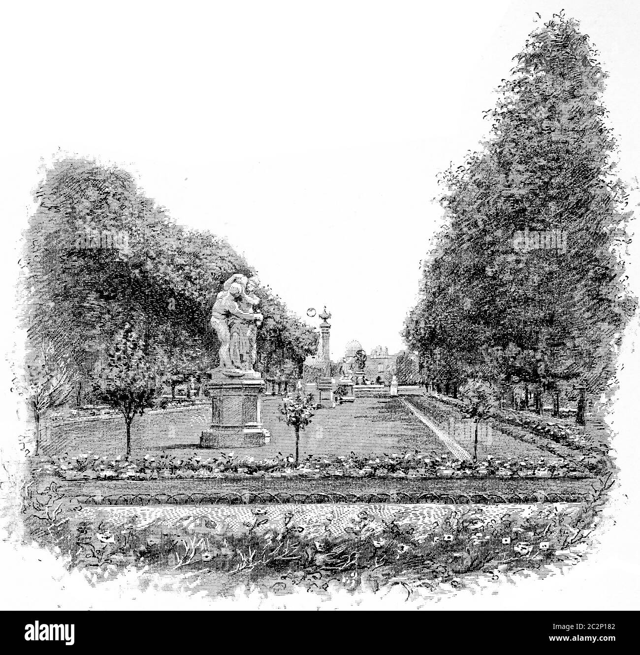 L'avenue principale menant à l'Observatoire, illustration gravée d'époque. Paris - Auguste VITU – 1890. Banque D'Images