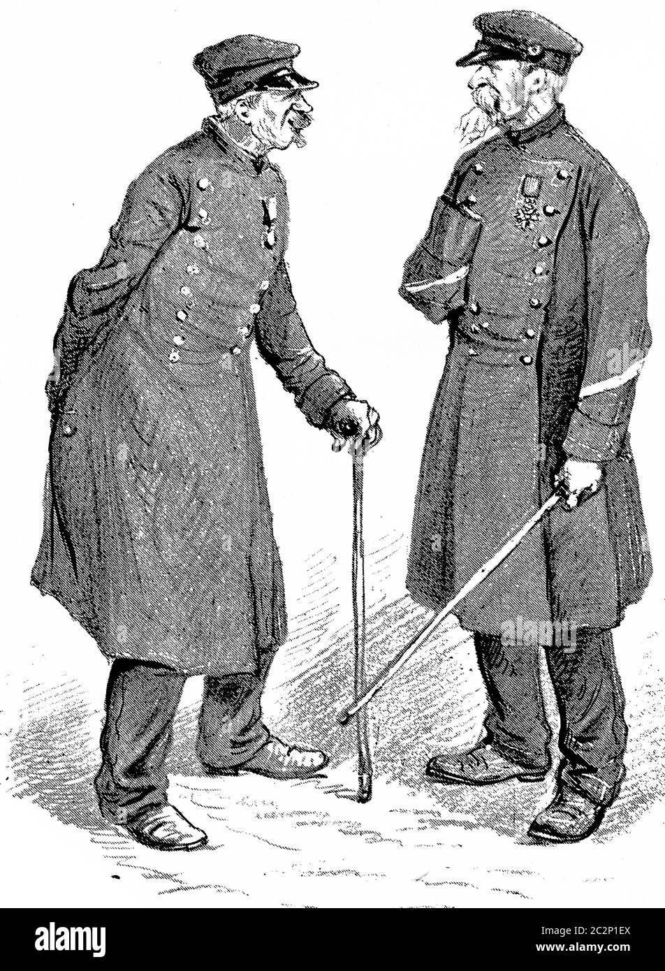 Deux résidents de la Résidence nationale des Invalides, illustration gravée d'époque. Paris - Auguste VITU – 1890. Banque D'Images