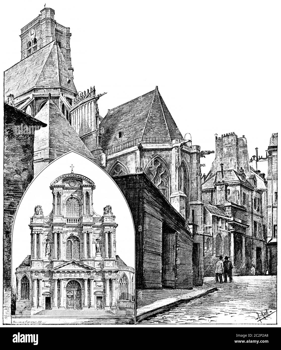 Façade de l'église Saint-Gervais et Saint-Protais, vue sur les bars de la rue, illustration gravée d'époque. Paris - Auguste VITU – 1890. Banque D'Images