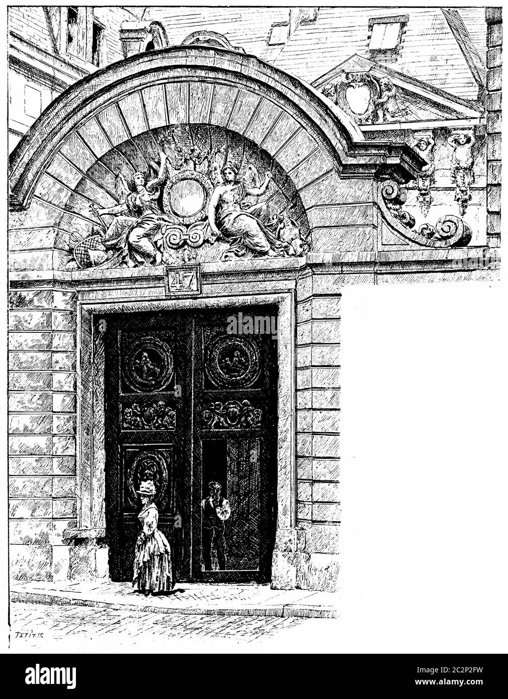 Portal Hotel Holland, illustration gravée d'époque. Paris - Auguste VITU – 1890. Banque D'Images