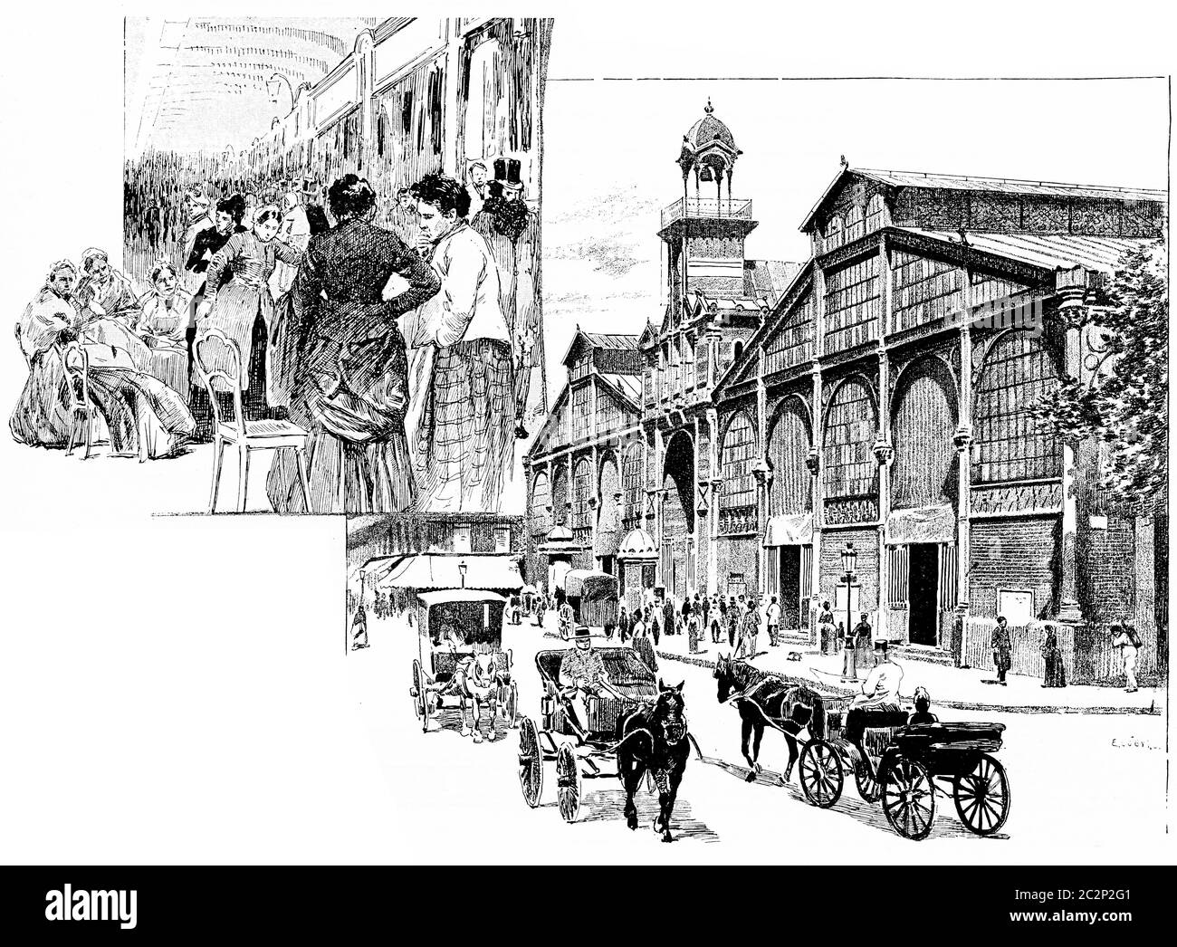 L'allée centrale, Market Hall, illustration gravée d'époque. Paris - Auguste VITU – 1890. Banque D'Images