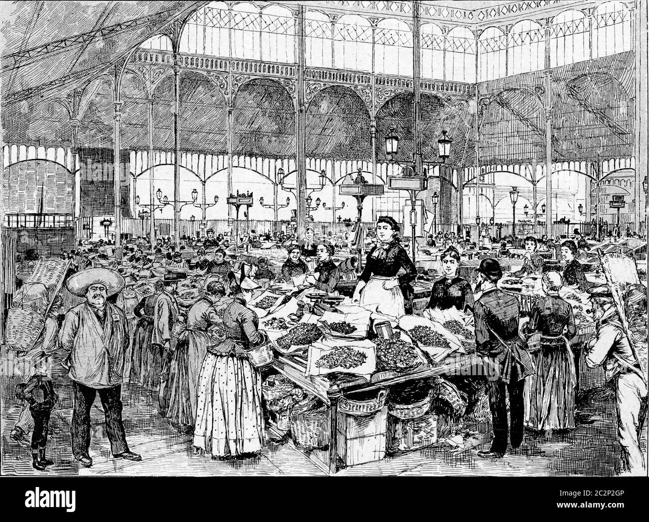 Un marché aux poissons à Paris, France. Gravure vintage. Banque D'Images