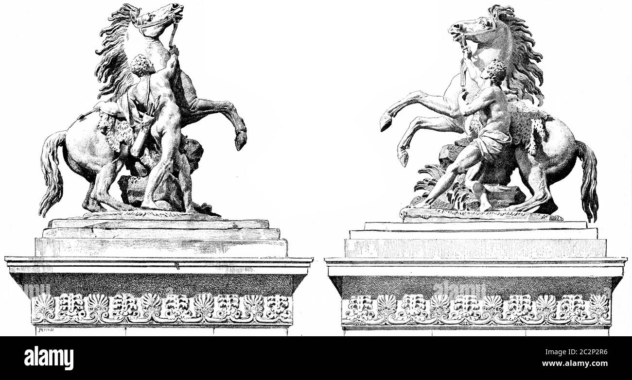Les fameux chevaux Marly, à l'entrée des champs-Elysées, illustration gravée d'époque. Paris - Auguste VITU – 1890. Banque D'Images Les fameux chevaux Marly, à l'entrée des champs-Elysées, illustration gravée d'époque. Paris - Auguste VITU – 1890. Banque D'Images