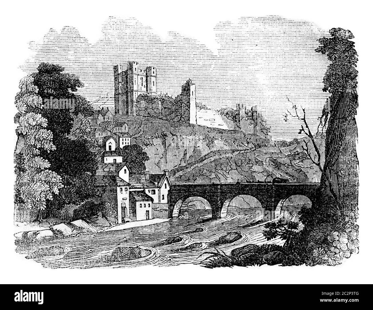 Château de Richmond, illustration gravée d'époque. Histoire colorée de l'Angleterre, 1837. Banque D'Images