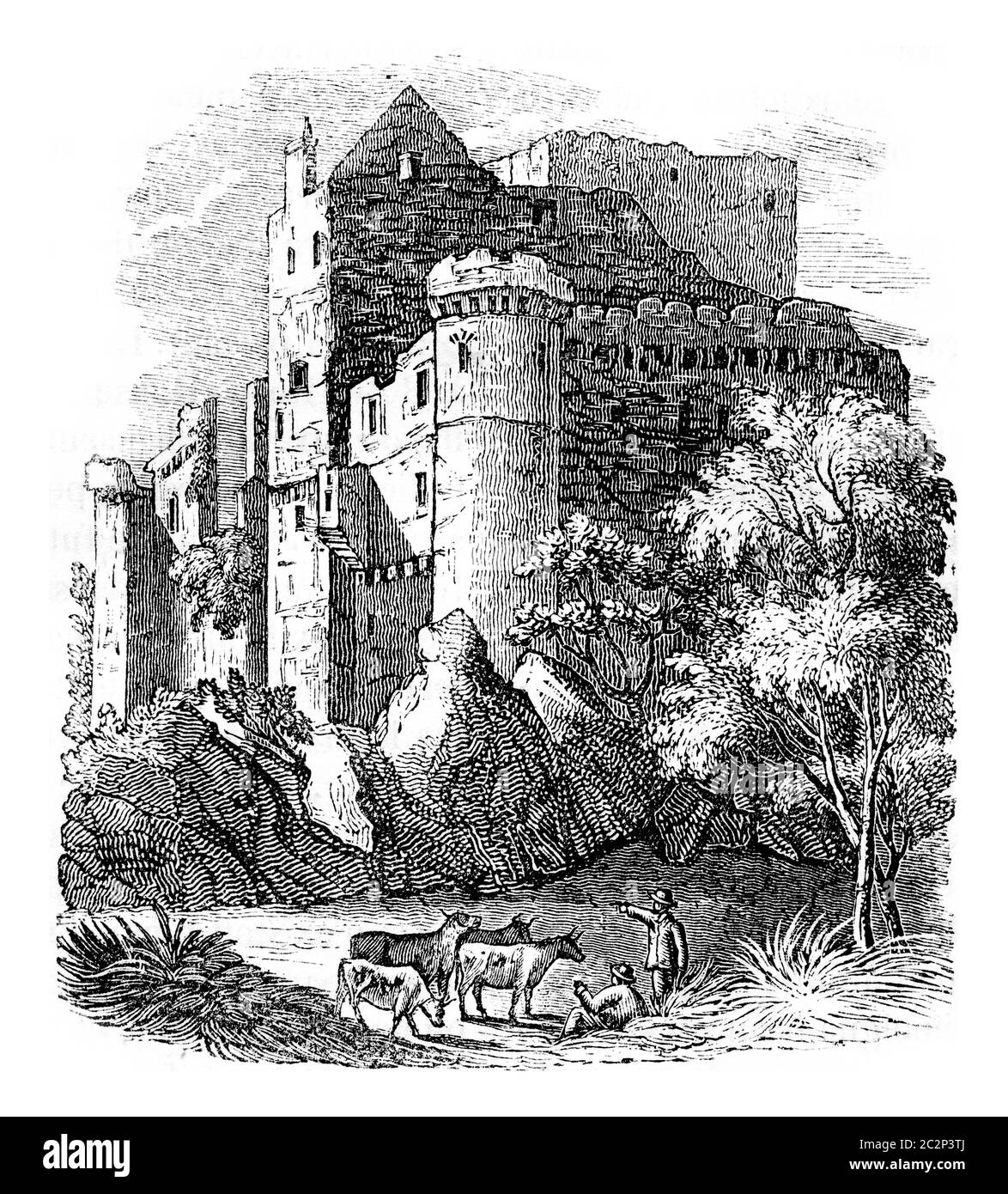 Vue du château de Craigmillar, illustration gravée dans le millésime. Histoire colorée de l'Angleterre, 1837. Banque D'Images