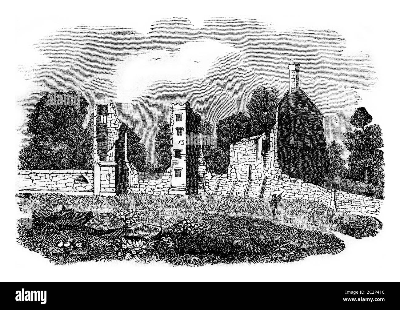 Ruines du château Broadgate, comte de Leicester, berceau de Jeanne Gray, illustration gravée d'époque. Histoire colorée de l'Angleterre, 1837. Banque D'Images