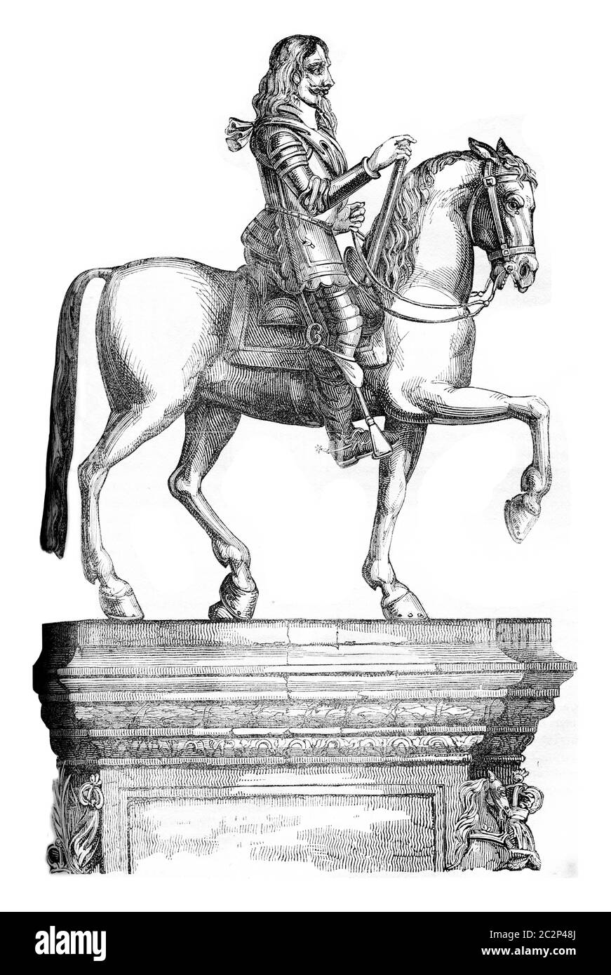 Statue en bronze de Charles I, fondue en 1635, illustration gravée d'époque. Histoire colorée de l'Angleterre, 1837. Banque D'Images