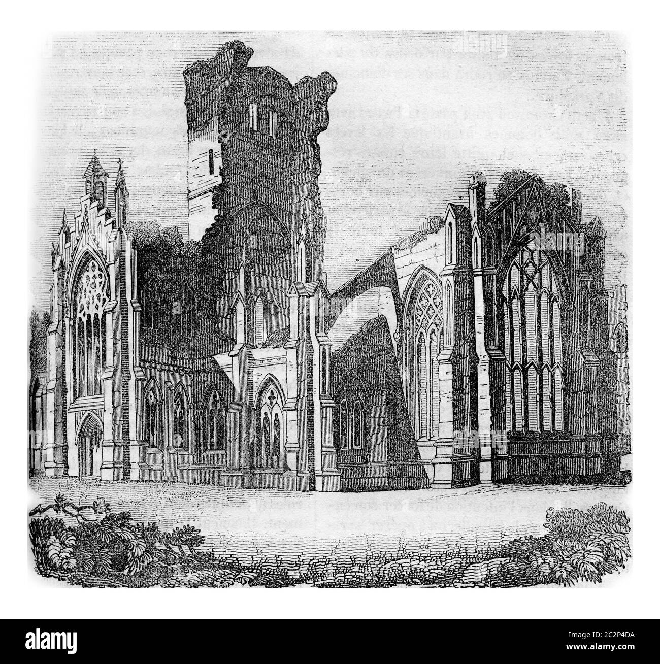 Melrose Abbey, Écosse, partiellement détruite en 1650, illustration gravée d'époque. Histoire colorée de l'Angleterre, 1837. Banque D'Images