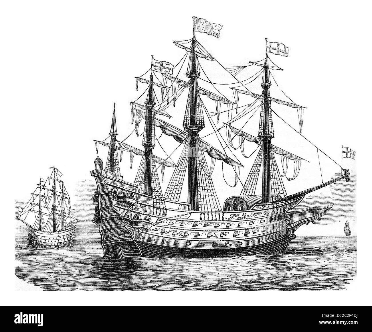 Le souverain des mers, navire anglais, 1650, illustration gravée d'époque. Histoire colorée de l'Angleterre, 1837. Banque D'Images