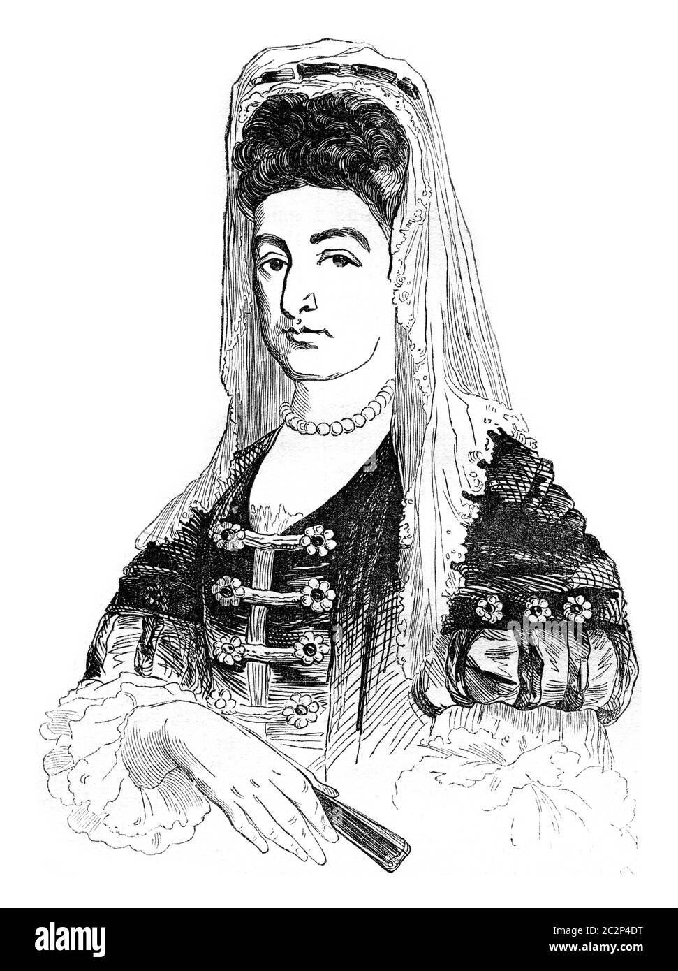 Portrait de la reine Marie, illustration gravée d'époque. Histoire colorée de l'Angleterre, 1837. Banque D'Images