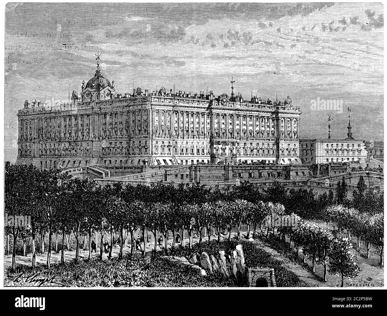 Madrid, Palais Royal, illustration gravée d'époque. Histoire de la France – 1885. Banque D'Images