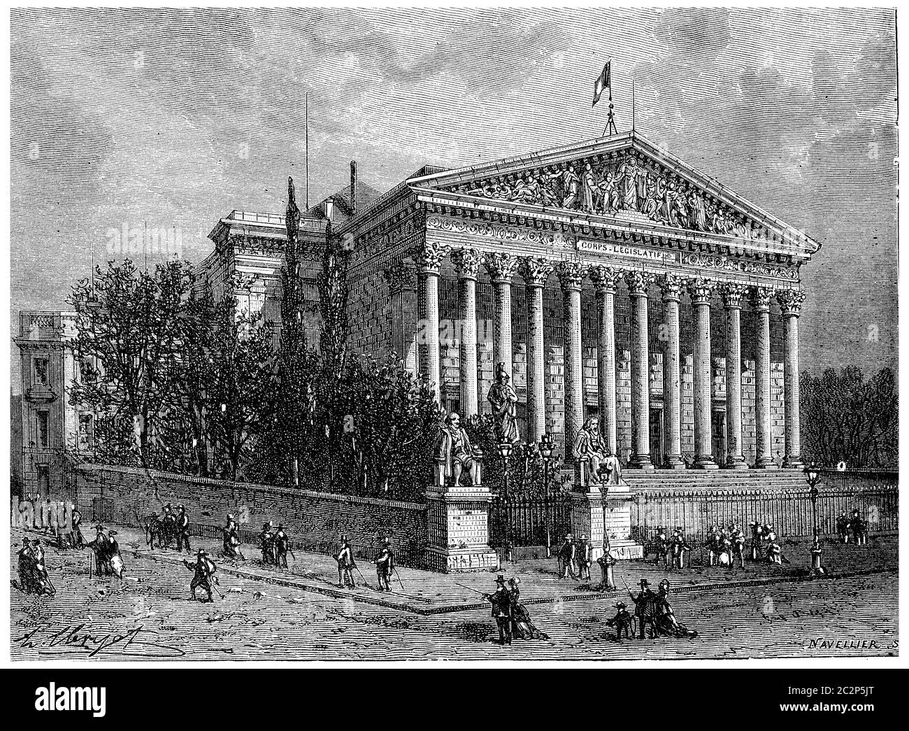 Le corps législatif (Palais Bourbon), illustration gravée d'époque. Histoire de la France – 1885. Banque D'Images