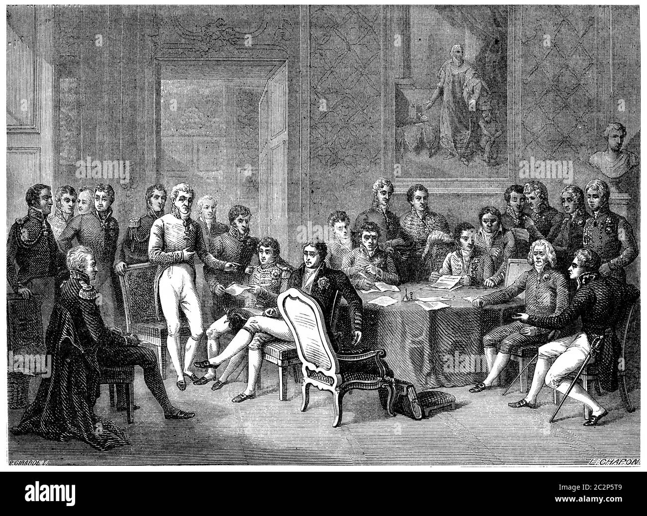 Congrès de Vienne, illustration gravée d'époque. Histoire de la France – 1885. Banque D'Images