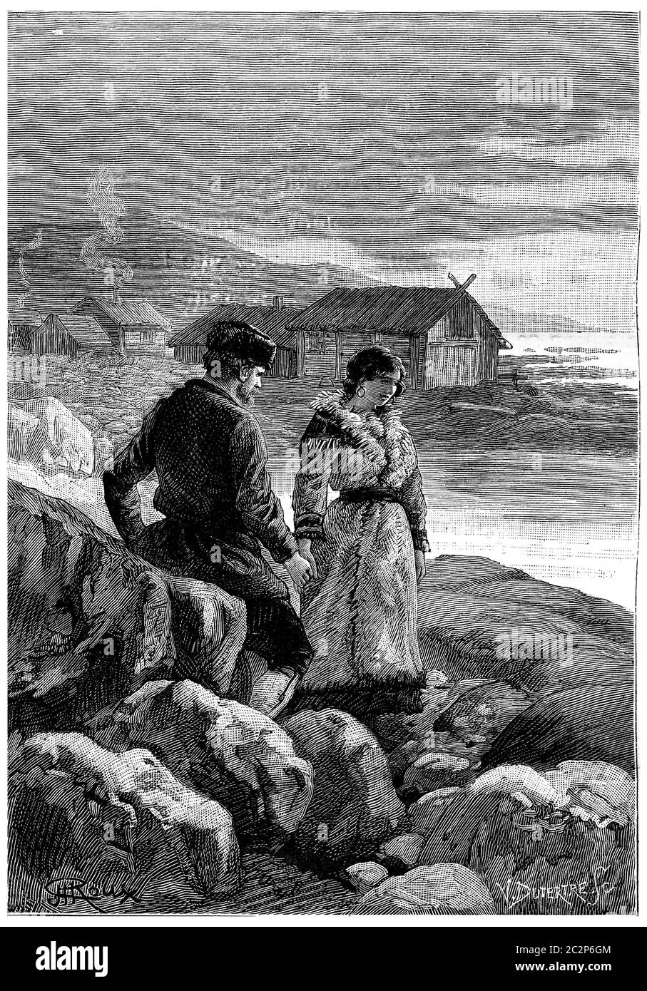 Jean prend la main de Kayette, illustration gravée d'époque. Jules Verne Cesar Cascabel, 1890. Banque D'Images