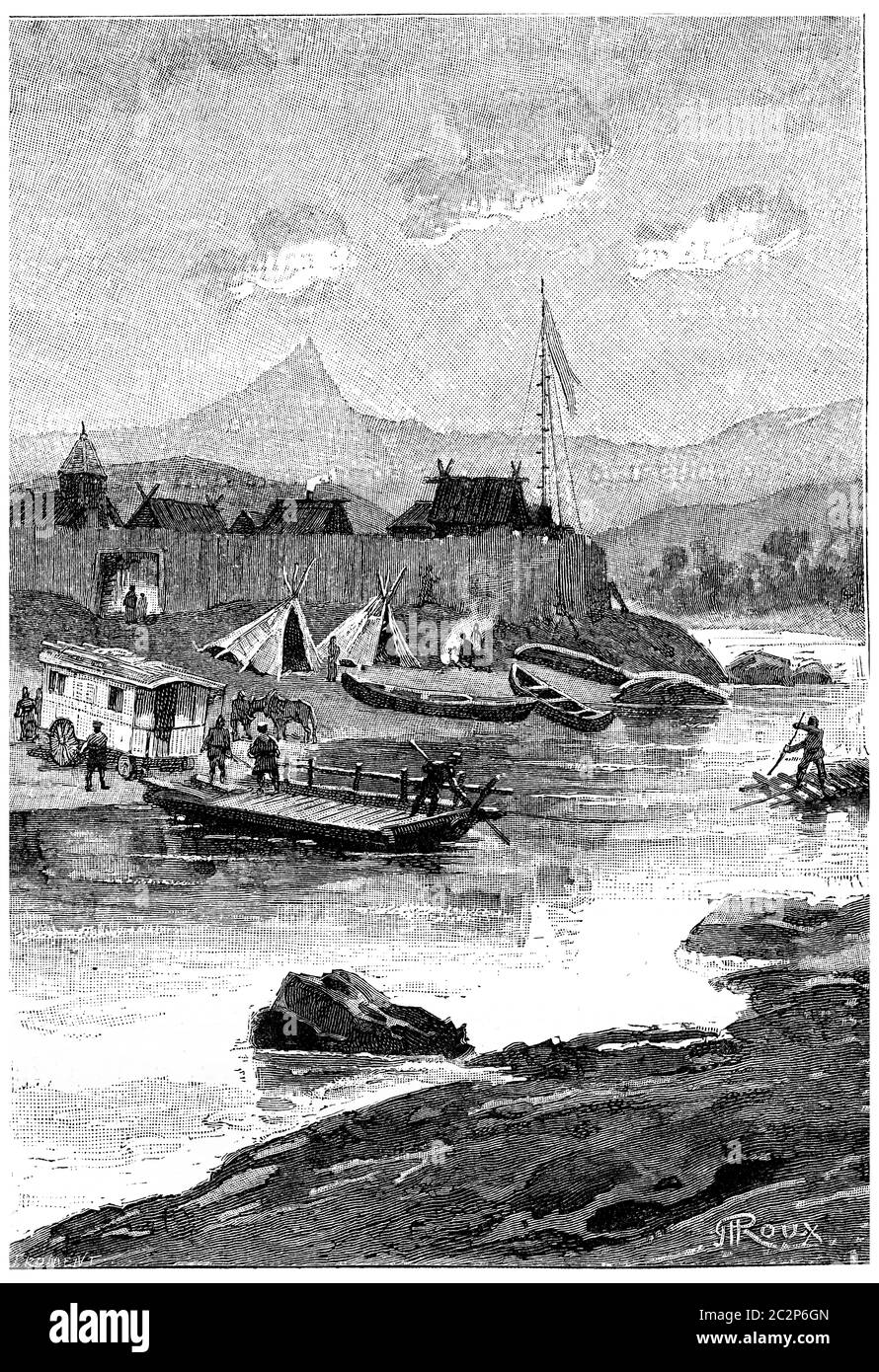 Un ferry transportait la Belle Caravan sur la rive droite, illustration gravée d'époque. Jules Verne Cesar Cascabel, 1890. Banque D'Images