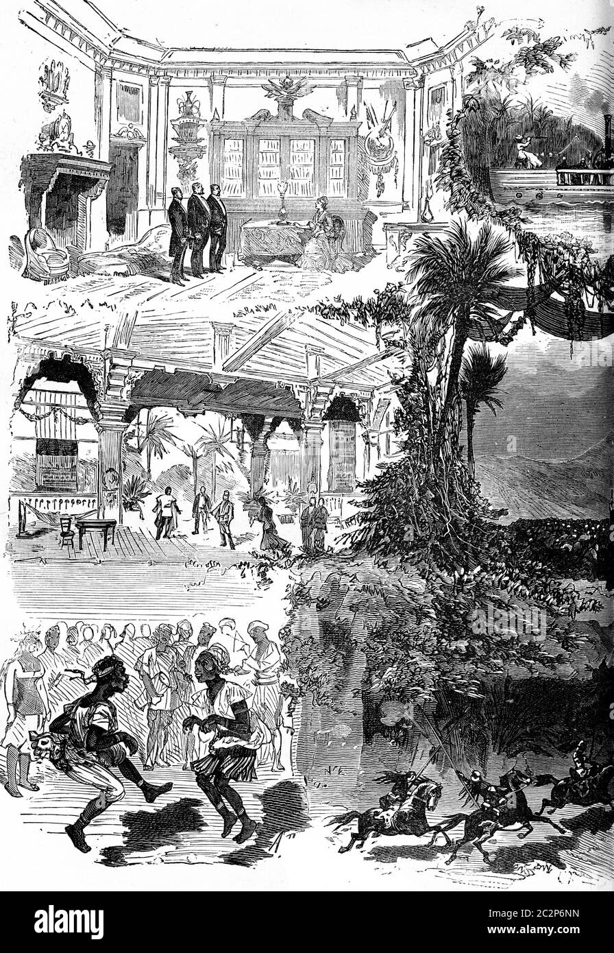 Les Mystères de l'Afrique, la Vénus Noire, jouent en cinq actes et douze scènes, M.ad Belot, illustration gravée d'époque. Journal des voyages, Travel Banque D'Images