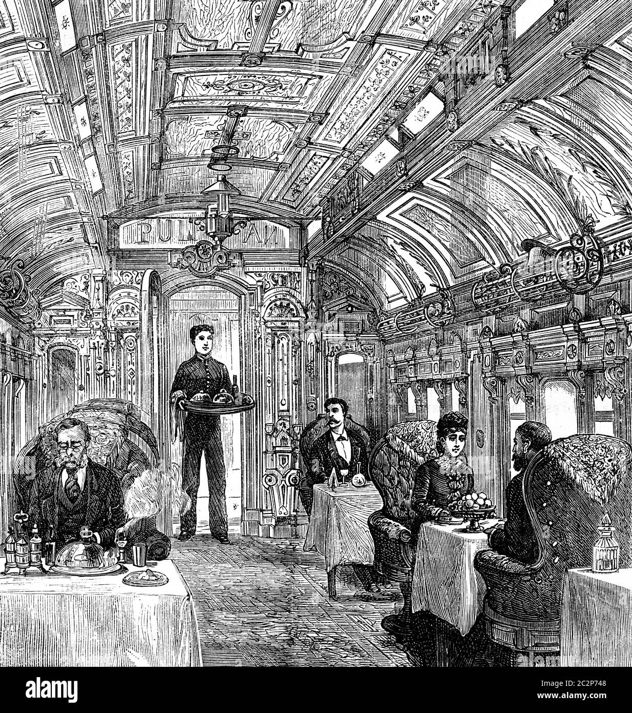 Les voitures de la Pacific Railroad. La voiture-restaurant, vintage engraved illustration. Journal des voyages, Journal de voyage, (1879-1880). Banque D'Images