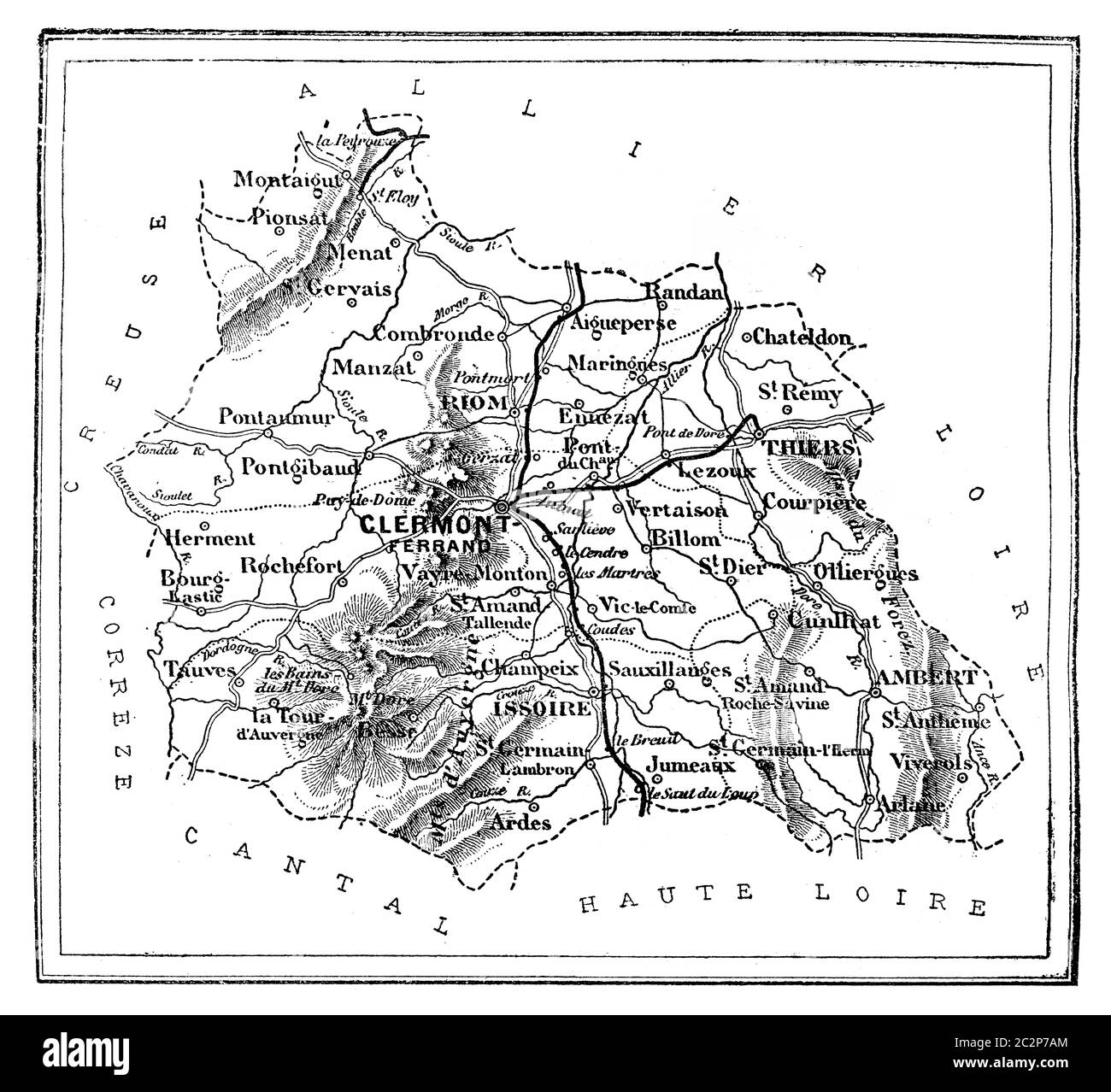 Plan du département du Puy-de-Dôme, vintage engraved illustration. Journal des voyages, Journal de voyage, (1879-1880). Banque D'Images