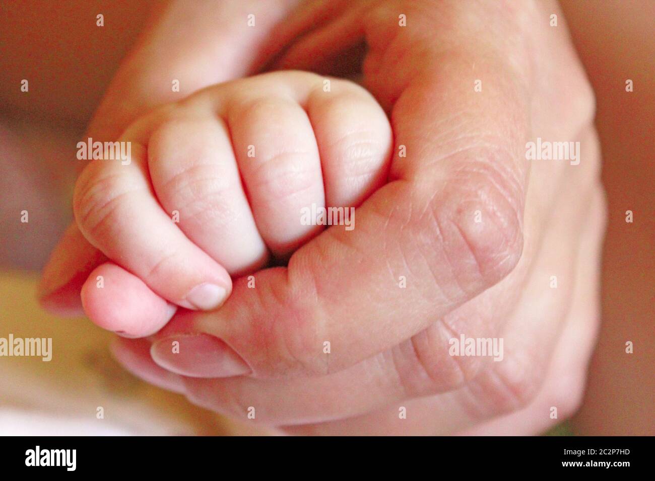 La main de l'enfant est dans la main maternelle. Amour de la mère. Soins de mère pour bébé. Maman et nouveau-né. Nouveau Banque D'Images