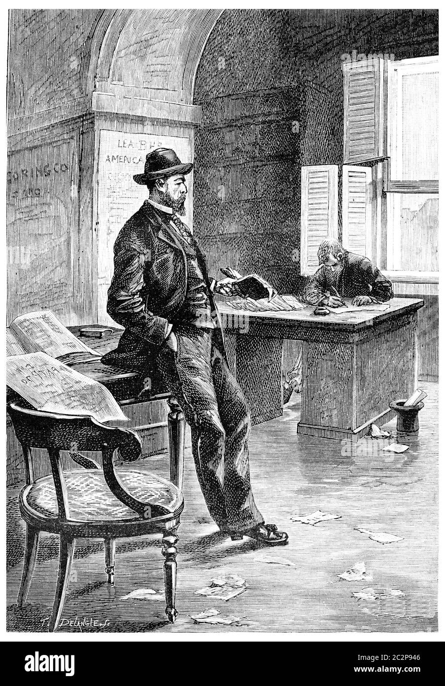 Len Burker a ouvert un bureau, illustration gravée d'époque. Jules Verne Mistress Branican, 1891. Banque D'Images