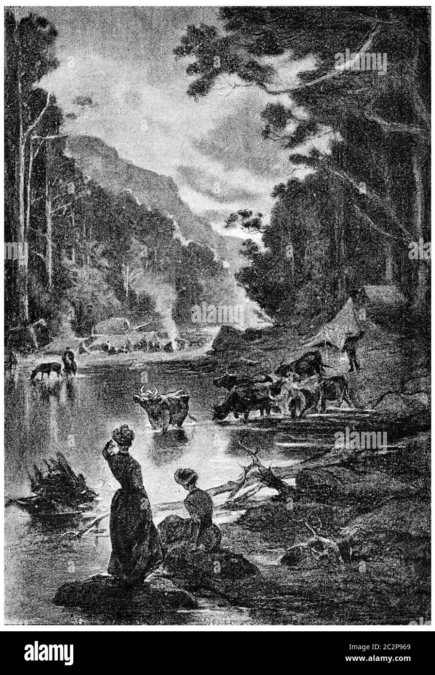 Au cours du passé sur le bord de la rivière Finke quelques heures, illustration gravée vintage. Jules Verne Mistress Branican, 1891. Banque D'Images