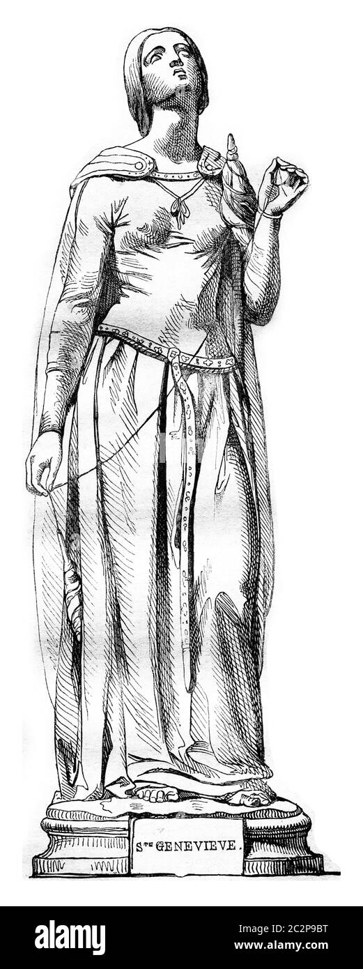 1836 exposition de sculptures, Statue de Sainte-Geneviève, patron de Paris, illustration gravée d'époque. Magasin Pittoresque 1836. Banque D'Images