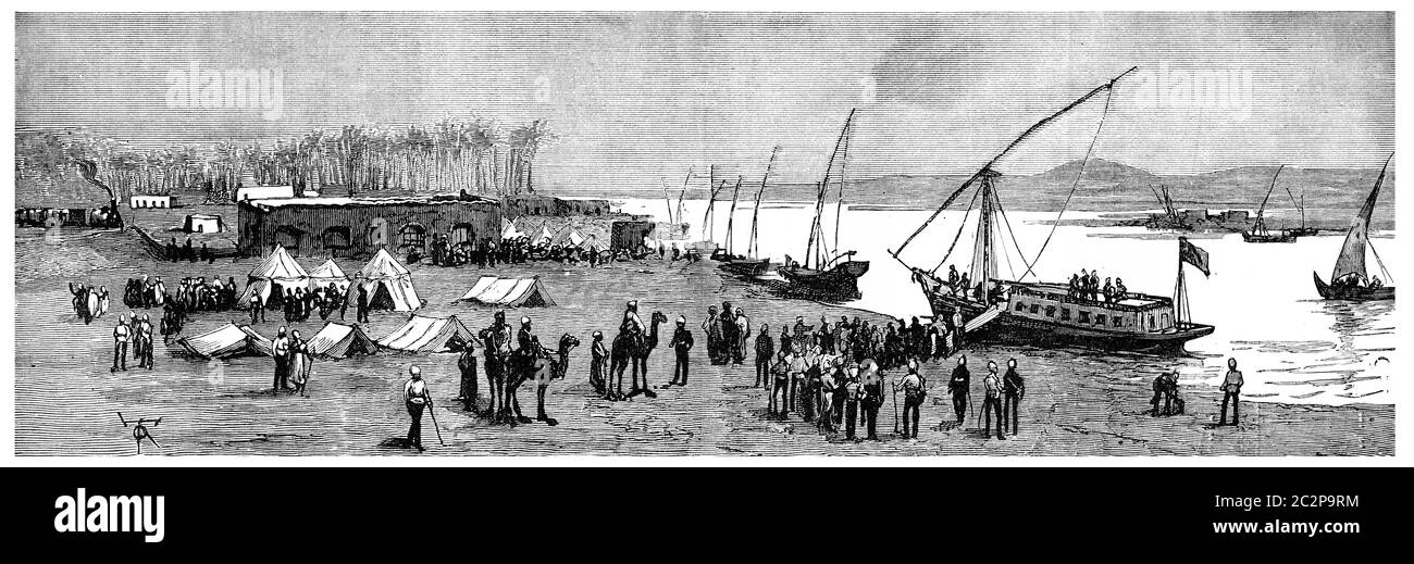 Siège de Lord Wolseley sur le Nil, illustration gravée d'époque. Journal des voyages, Journal de voyage, (1880-81). Banque D'Images