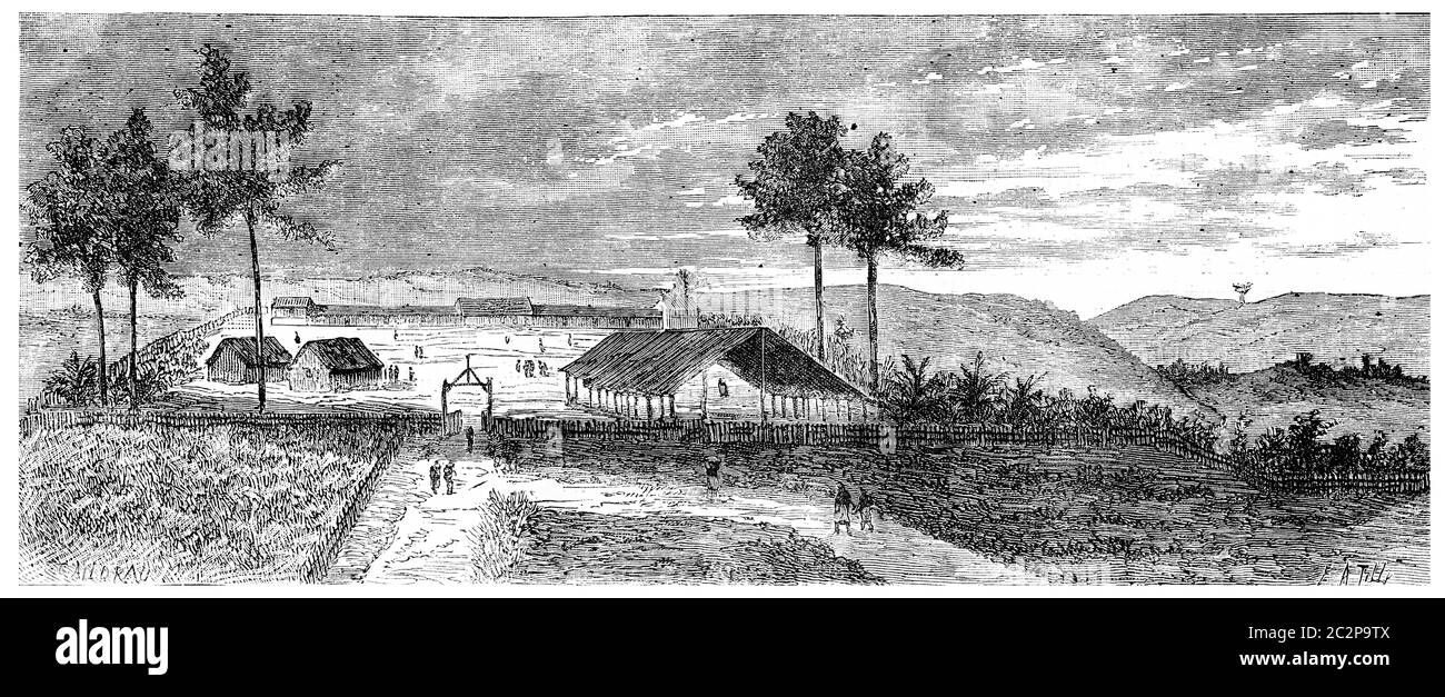 Vue de Franceville, illustration gravée d'époque. Journal des voyages, Journal de voyage, (1880-81). Banque D'Images