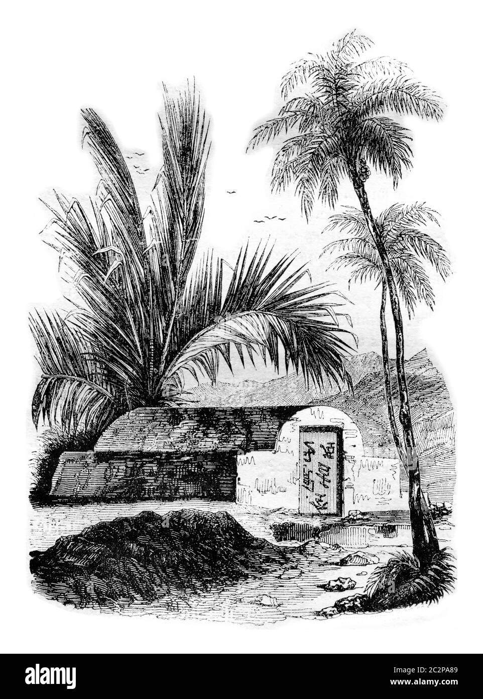 Tombeau chinois à Ambon, îles de Maluku, illustration gravée d'époque. Magasin Pittoresque 1842. Banque D'Images