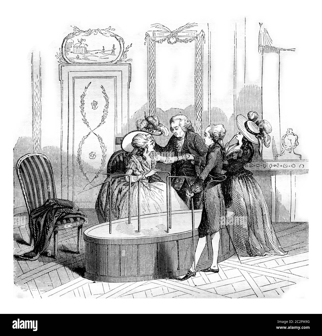 Le bouquet magnétique de Mesmer, illustration gravée d'époque. Magasin Pittoresque 1842. Banque D'Images