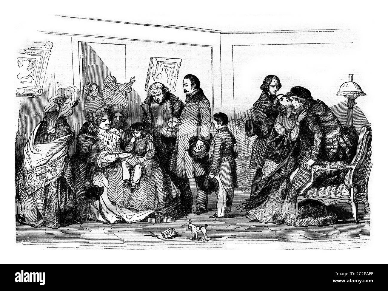 Le premier jour de l'année, visite avec les grands-parents, illustration gravée d'époque. Magasin Pittoresque 1843. Banque D'Images